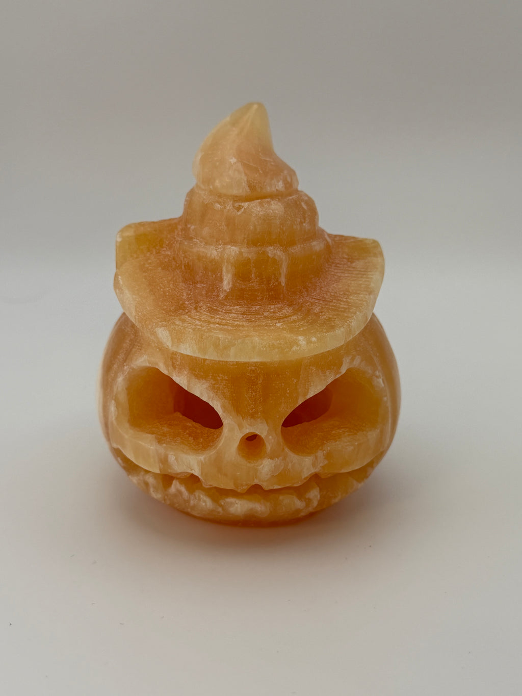 Yellow Calcite Jack-O-Lantern with Witch Hat Carving