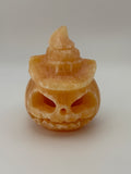 Yellow Calcite Jack-O-Lantern with Witch Hat Carving