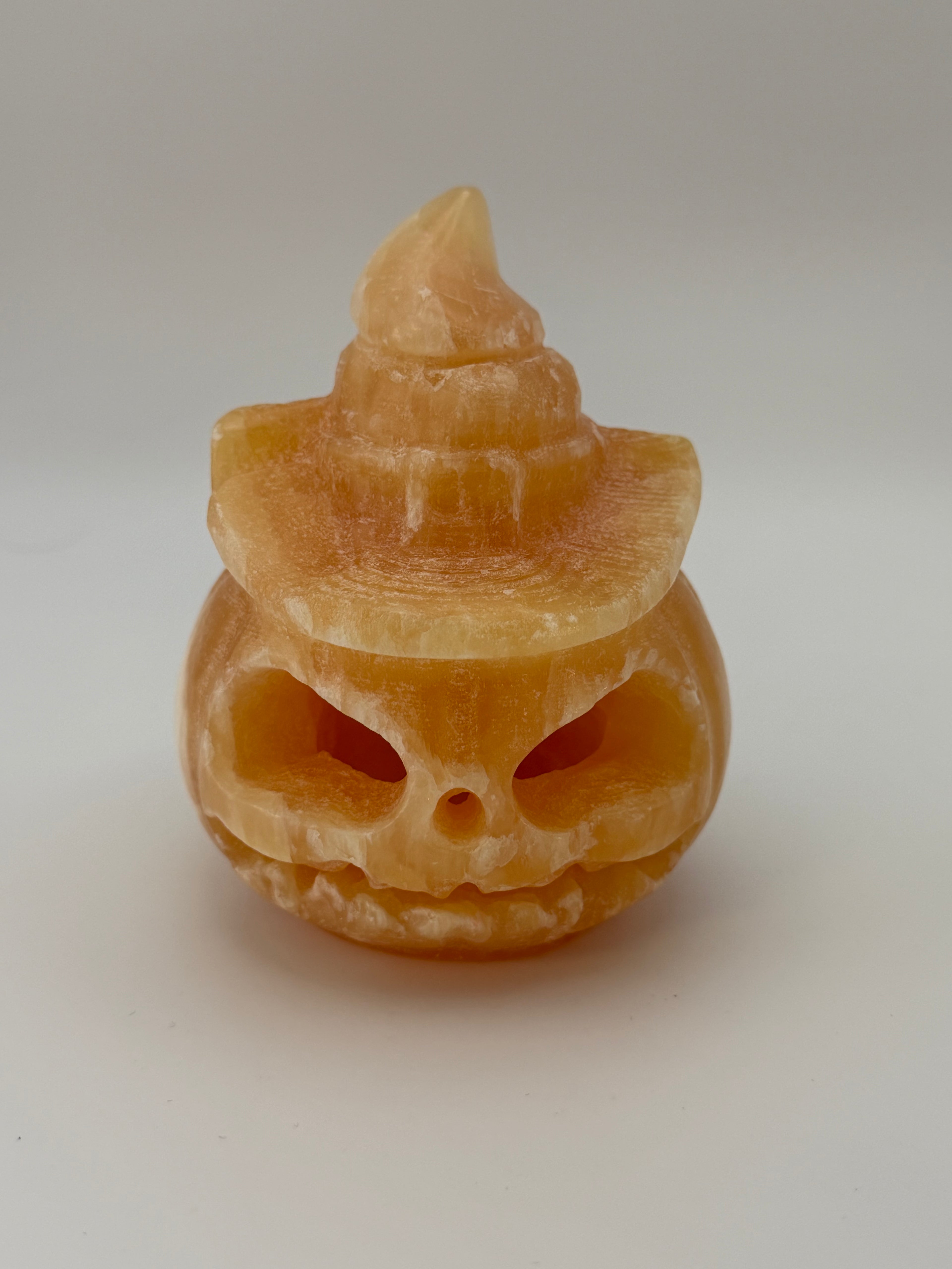 Yellow Calcite Jack-O-Lantern with Witch Hat Carving