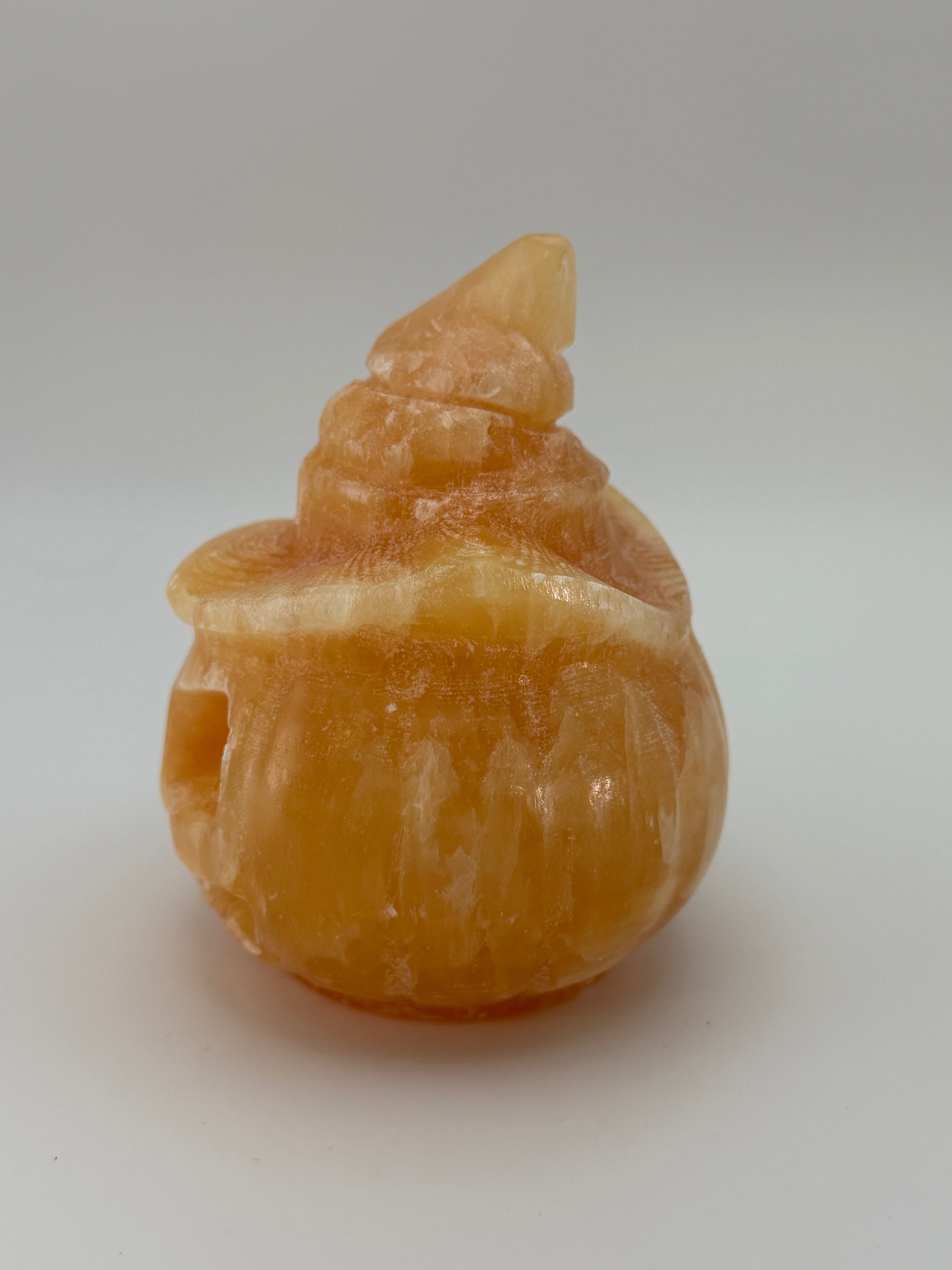 Yellow Calcite Jack-O-Lantern with Witch Hat Carving