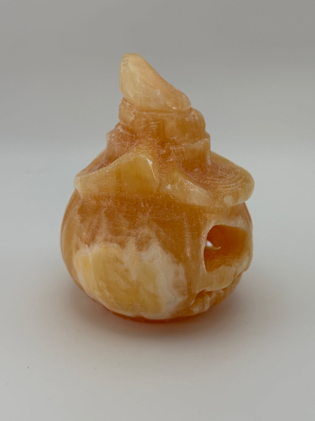 Yellow Calcite Jack-O-Lantern with Witch Hat Carving