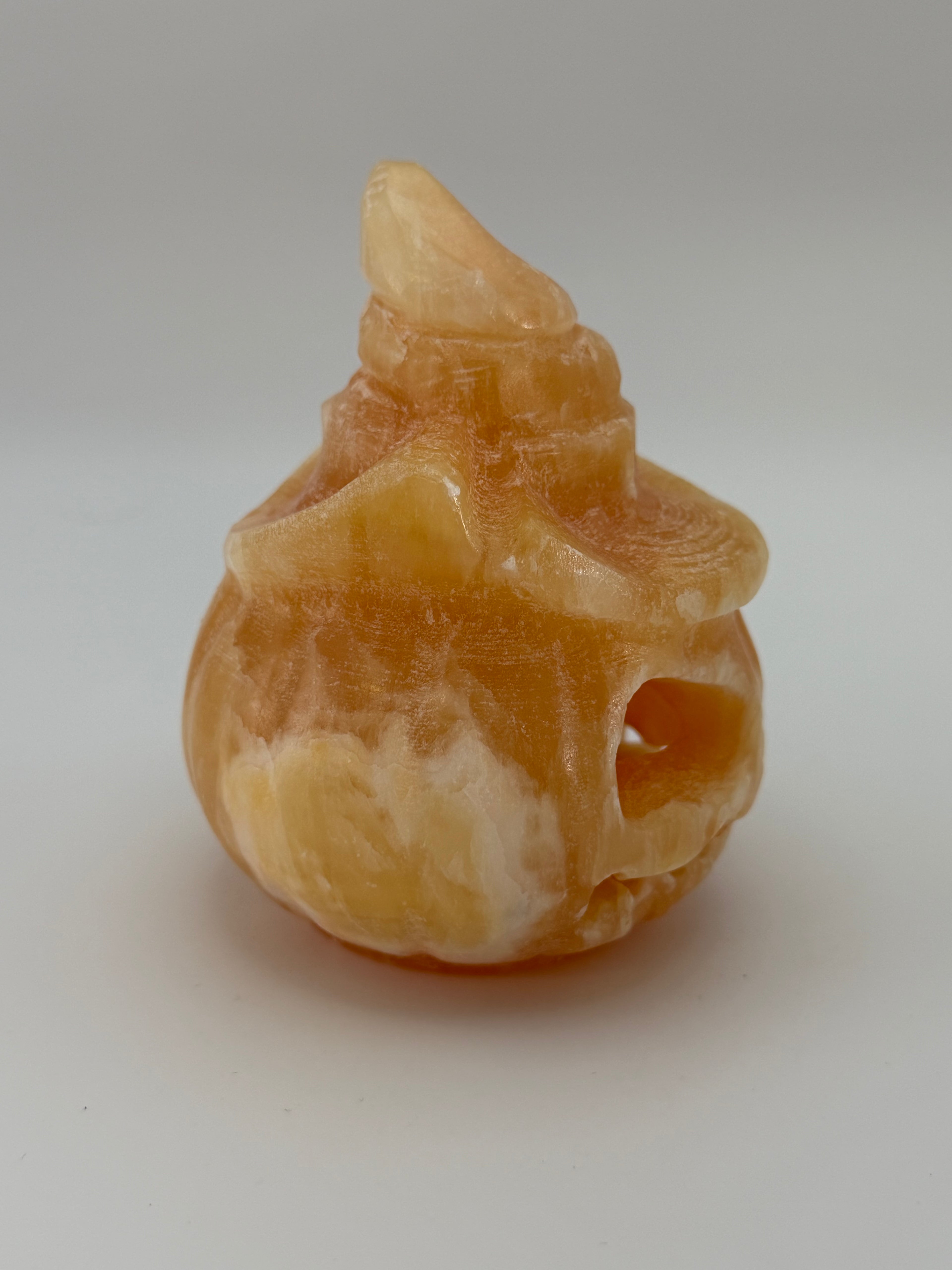 Yellow Calcite Jack-O-Lantern with Witch Hat Carving