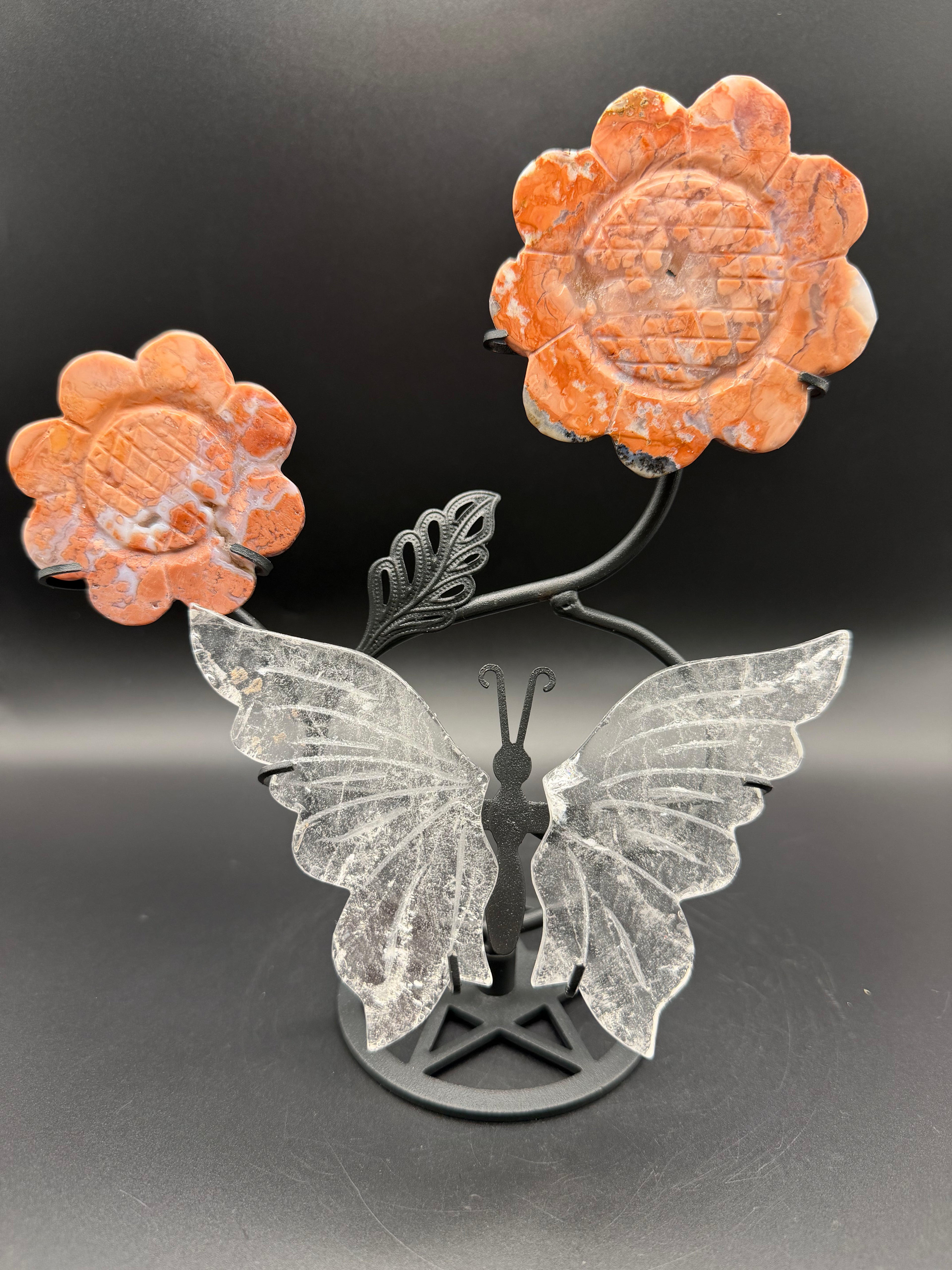 Pink Agate & Clear Quartz Flower with Butterfly Stand