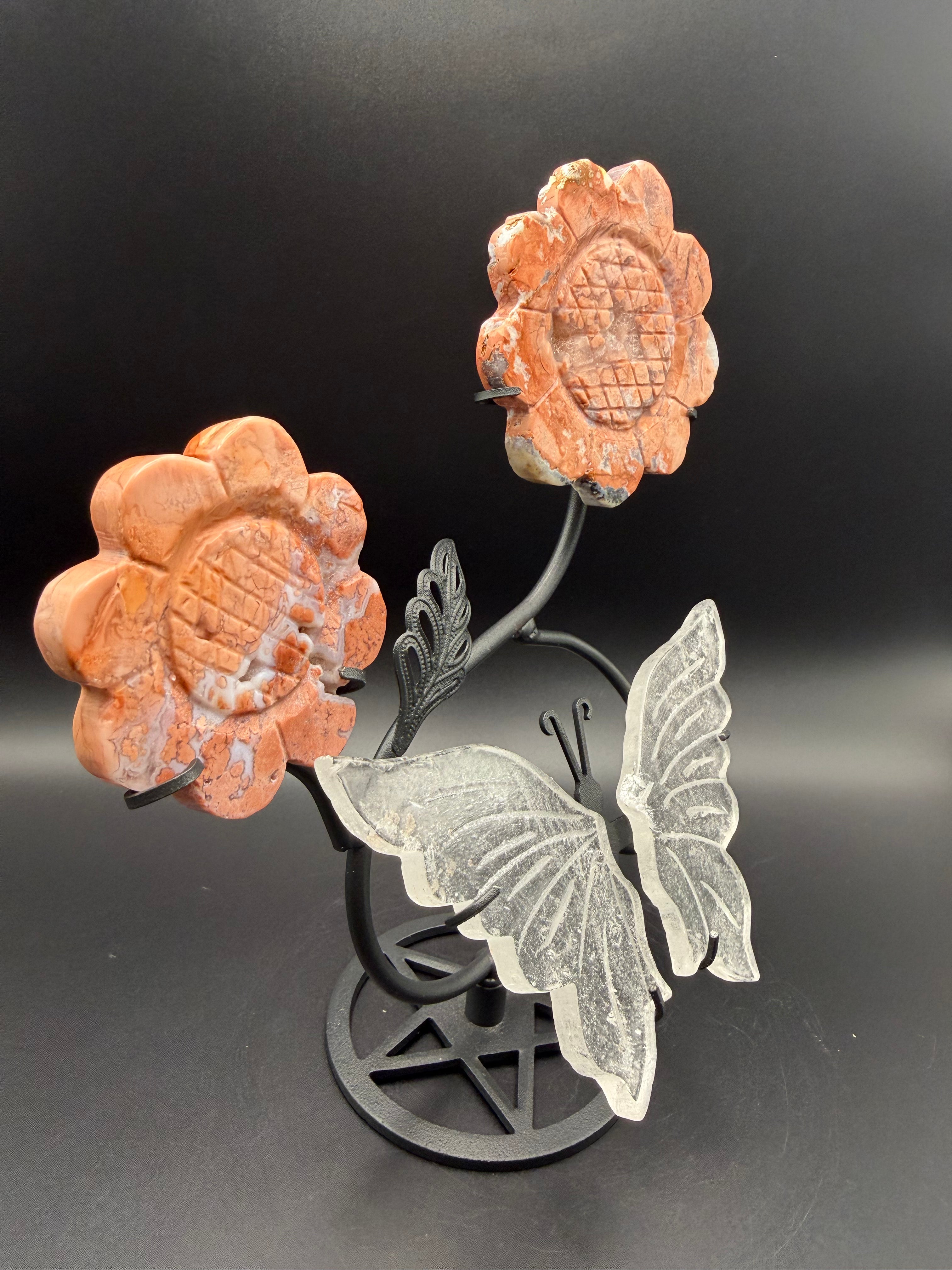 Pink Agate & Clear Quartz Flower with Butterfly Stand