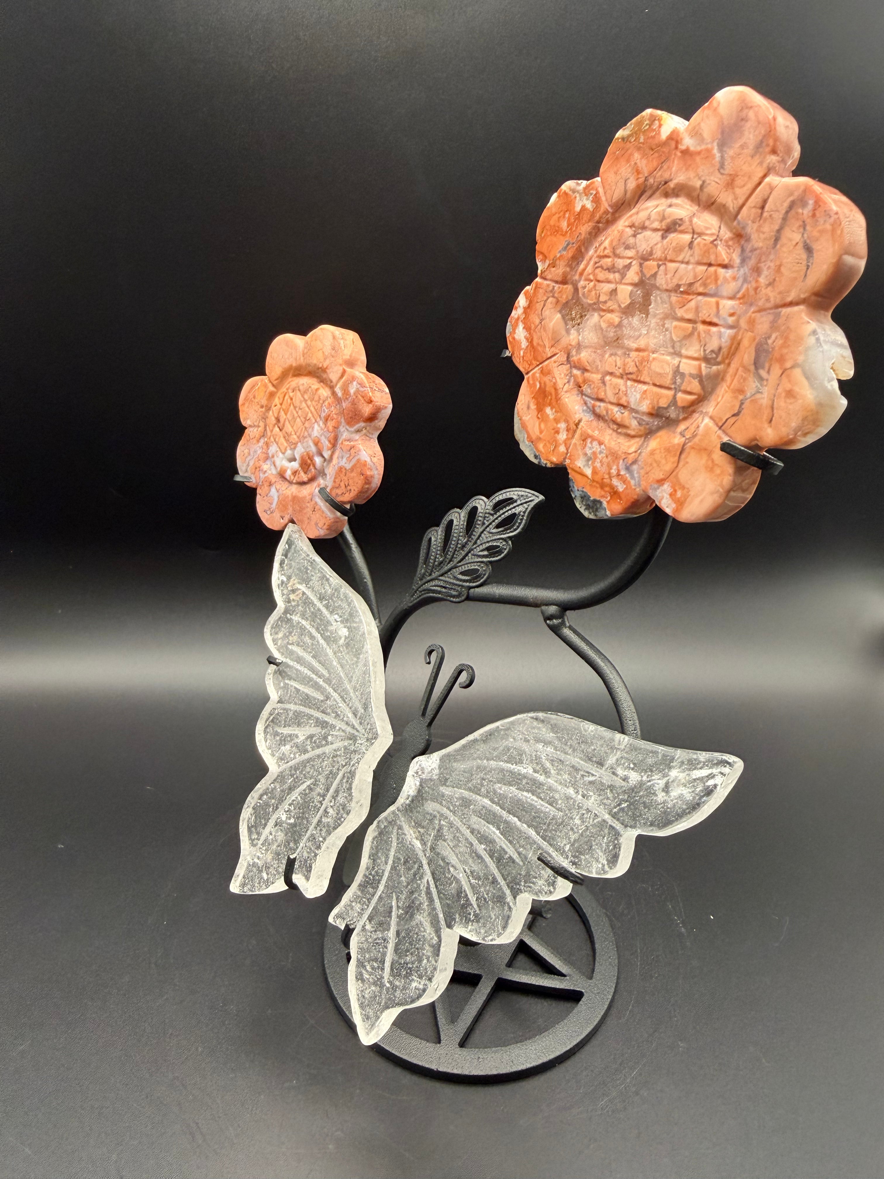 Pink Agate & Clear Quartz Flower with Butterfly Stand
