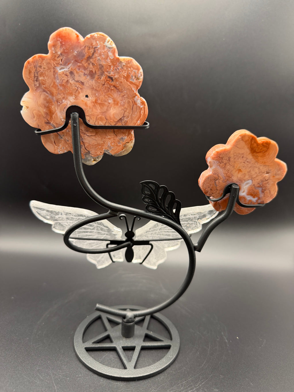 Pink Agate & Clear Quartz Flower with Butterfly Stand