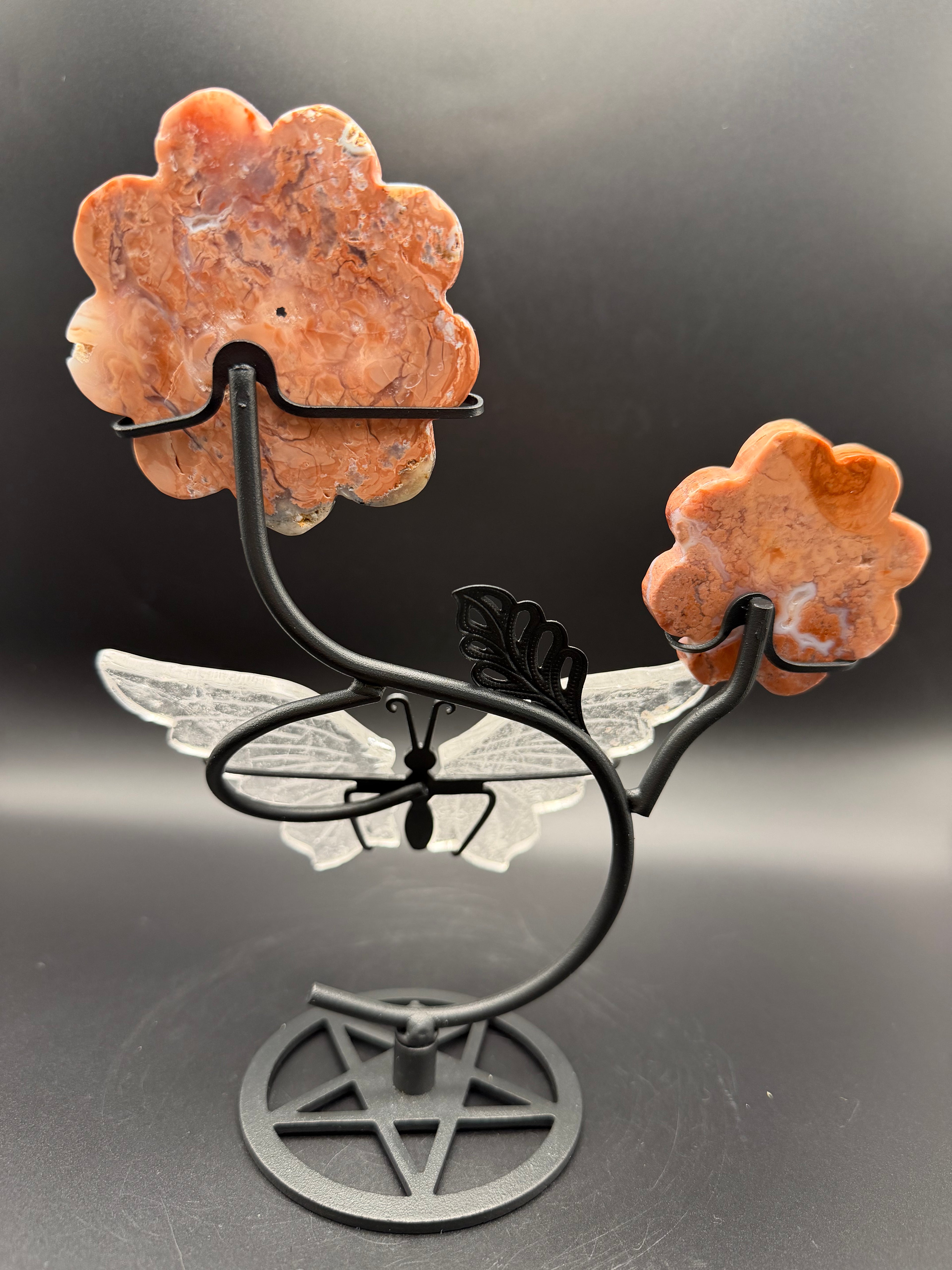 Pink Agate & Clear Quartz Flower with Butterfly Stand