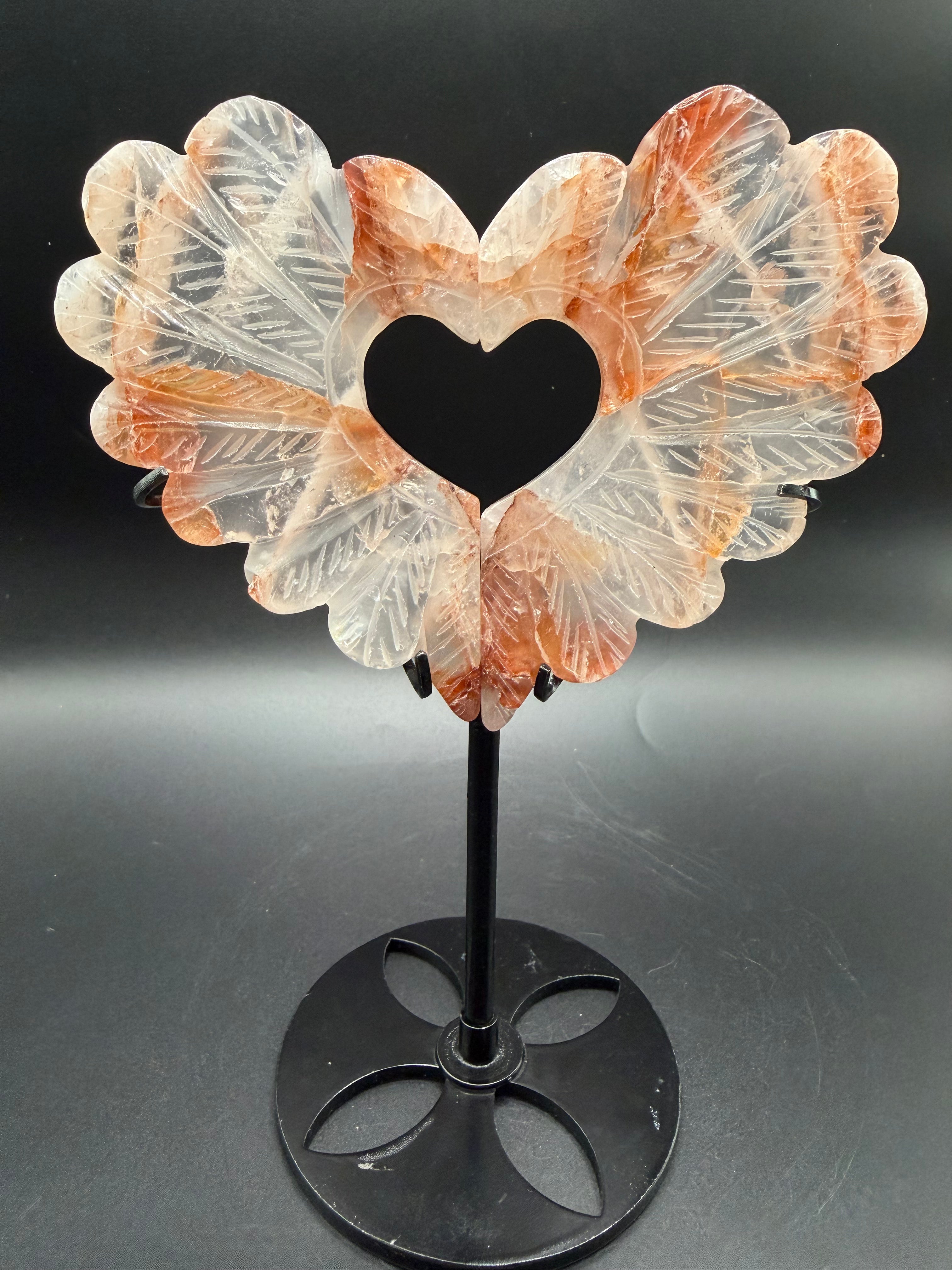 Fire Quartz Heart Wings on Stand
