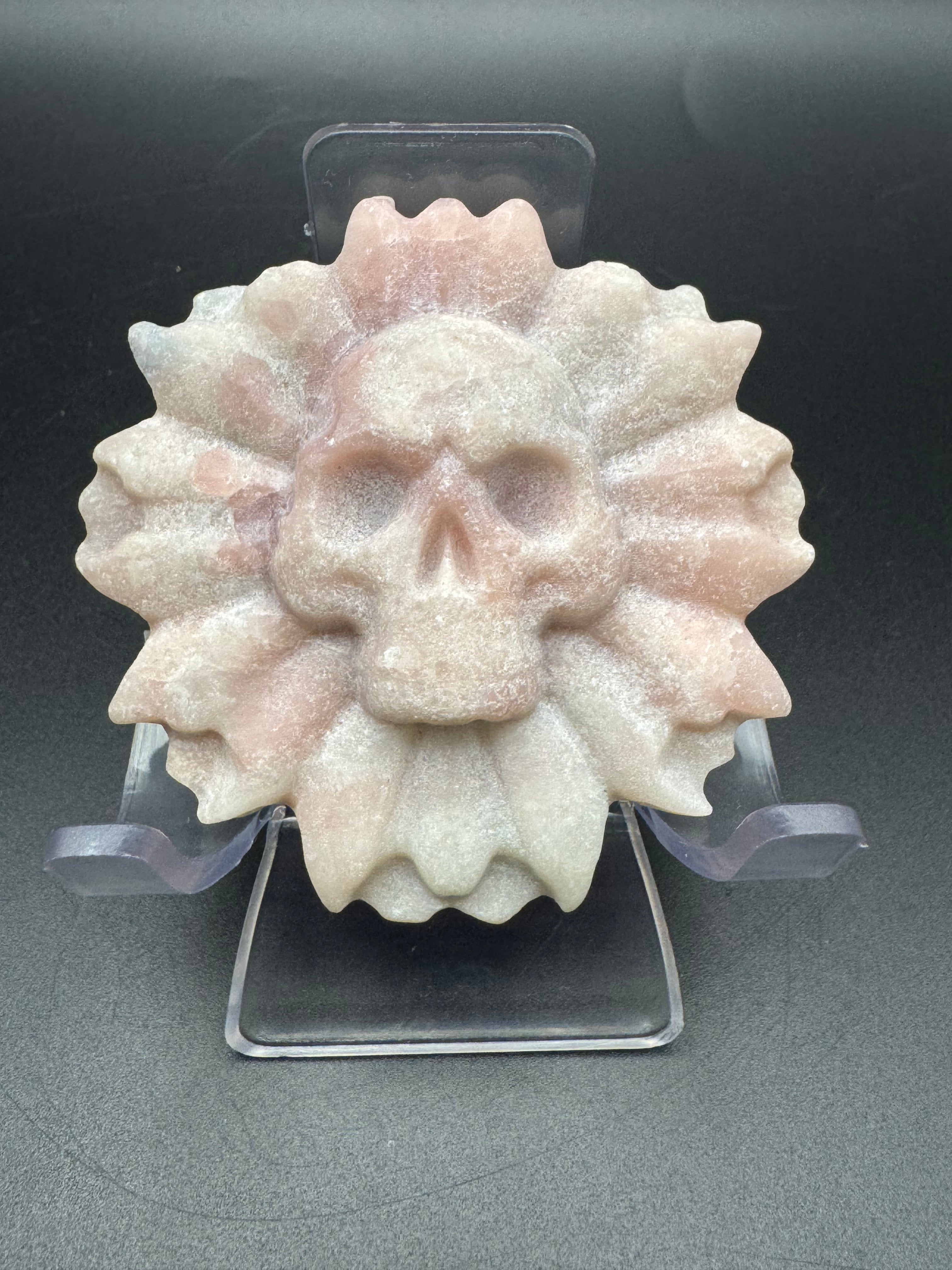 Pink Opal Skull Sunflower Carving